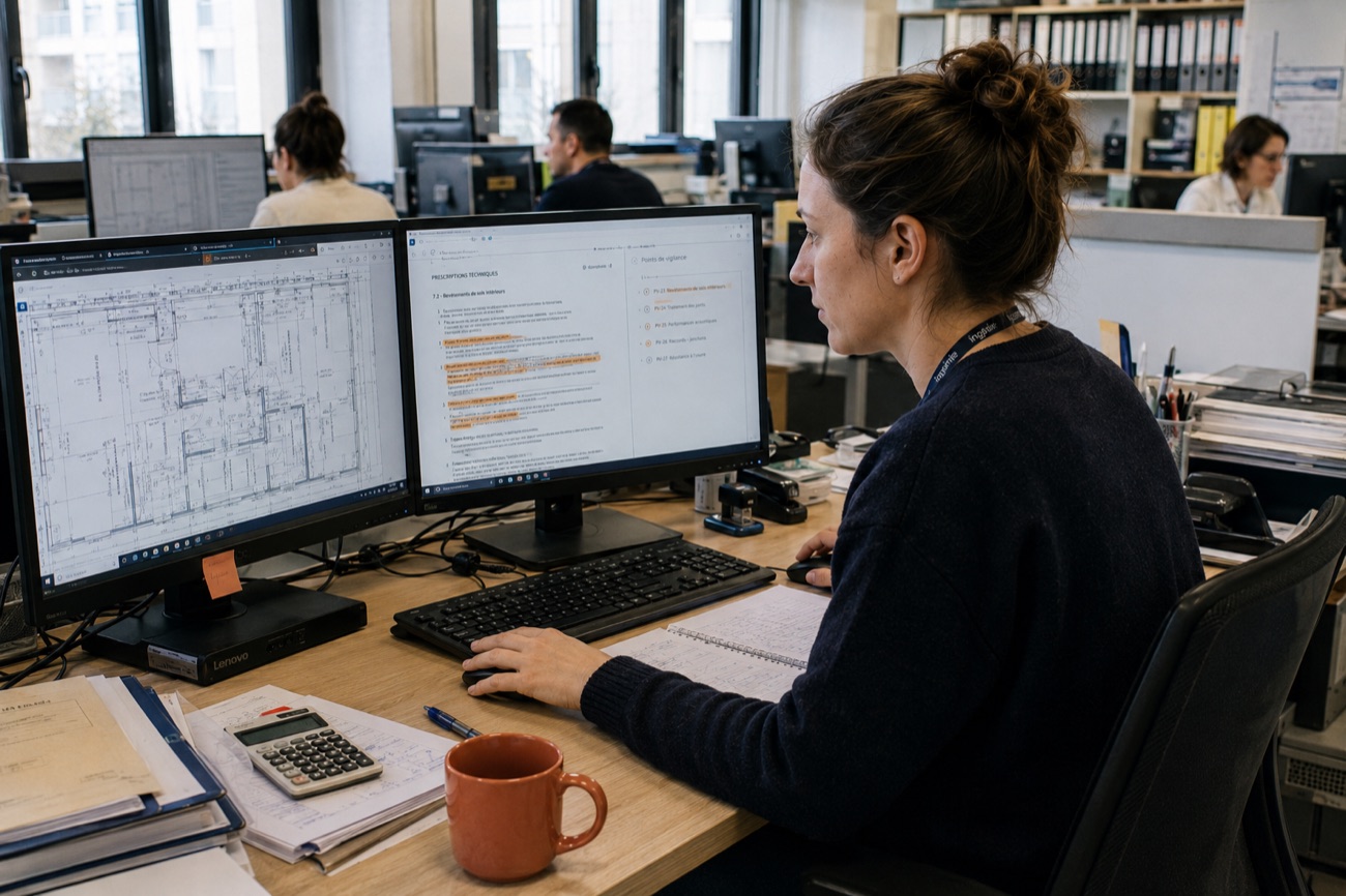 Ingénieure d'un bureau d'études au travail, assistée par l'IA sur ses documents