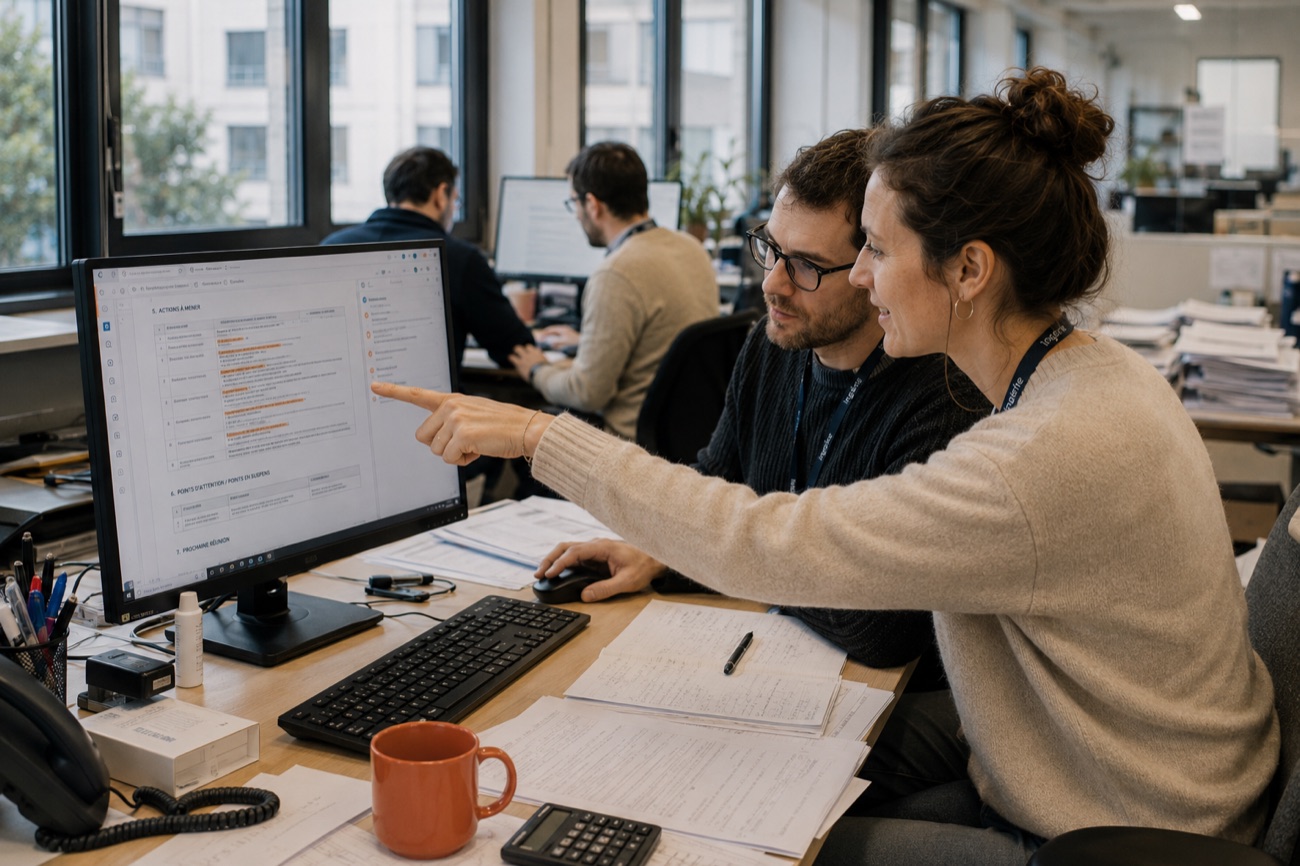 Handover: two colleagues from an engineering firm share a working screen