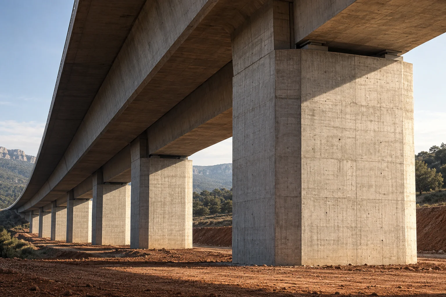 Étude visuelle : piles et tablier d’un viaduc en béton, éclairés latéralement